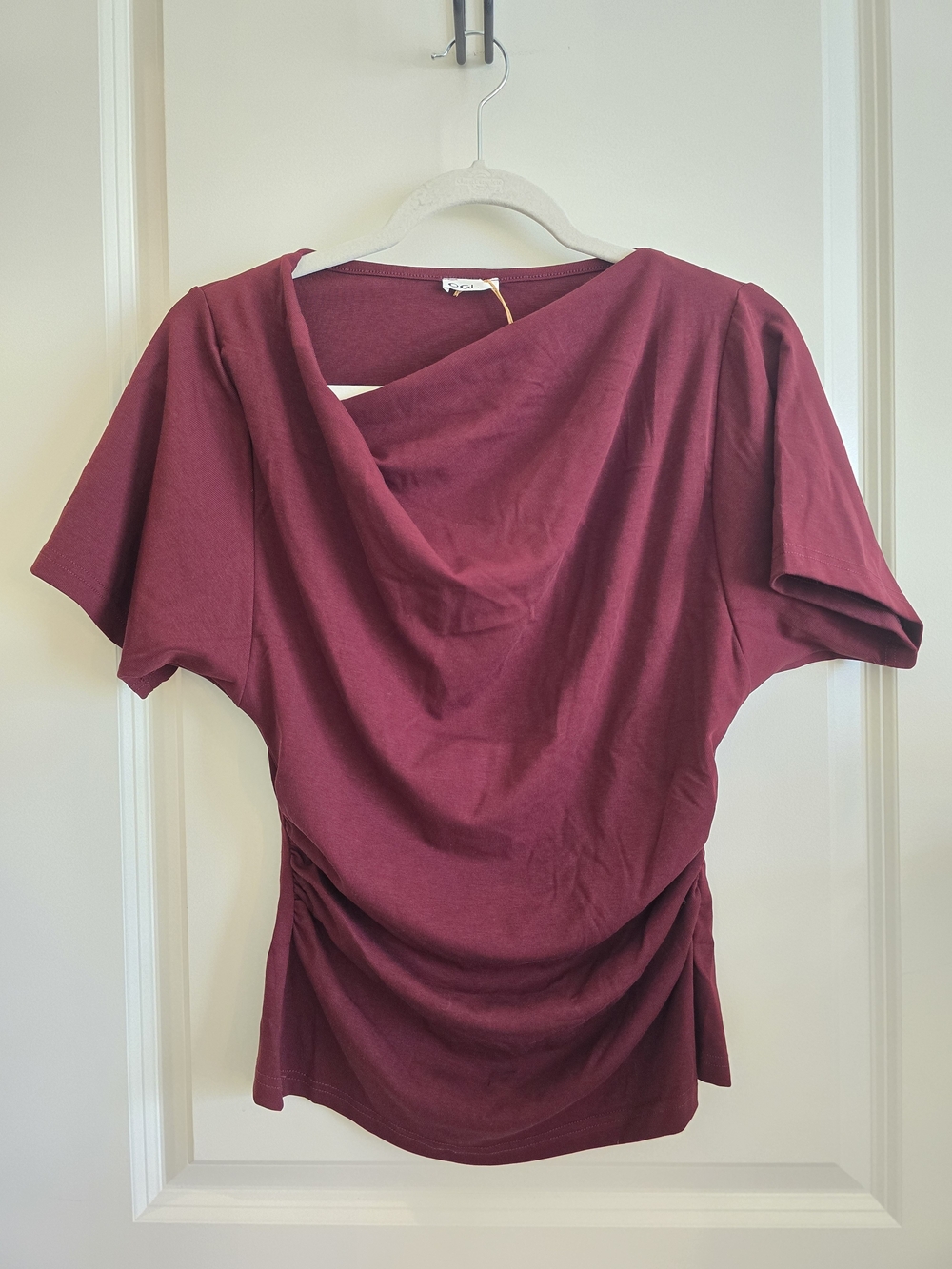 OGL Asymmetrical Cowl Neck Ruched Top In Ruby Red - Picture 2 of 10